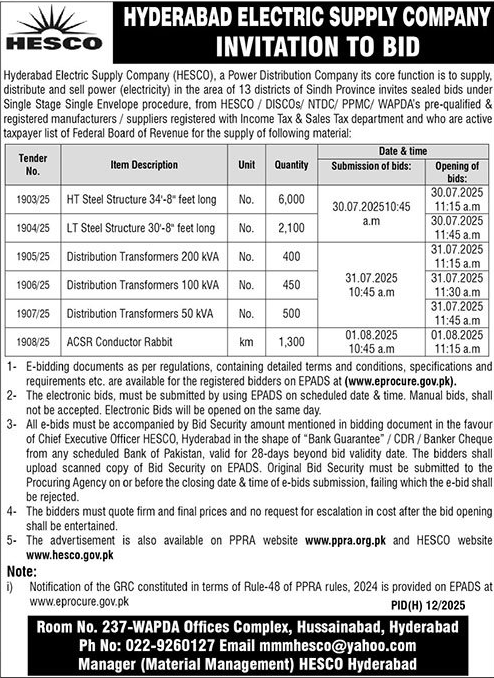 Hyderabad Electric Supply Company Tender Notice